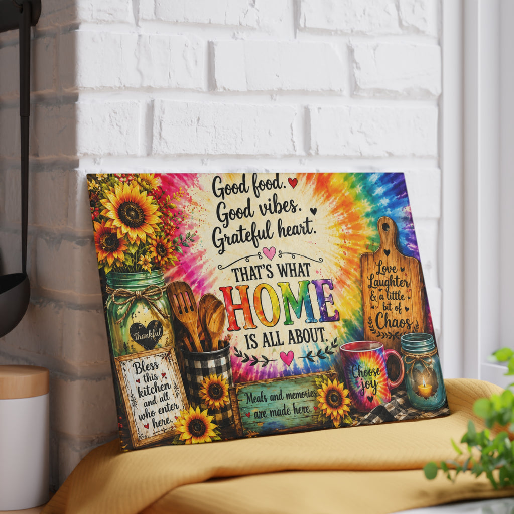 Thats What Home Is All About Glass Cutting Board | Sunflower Tie-Dye Kitchen Decor