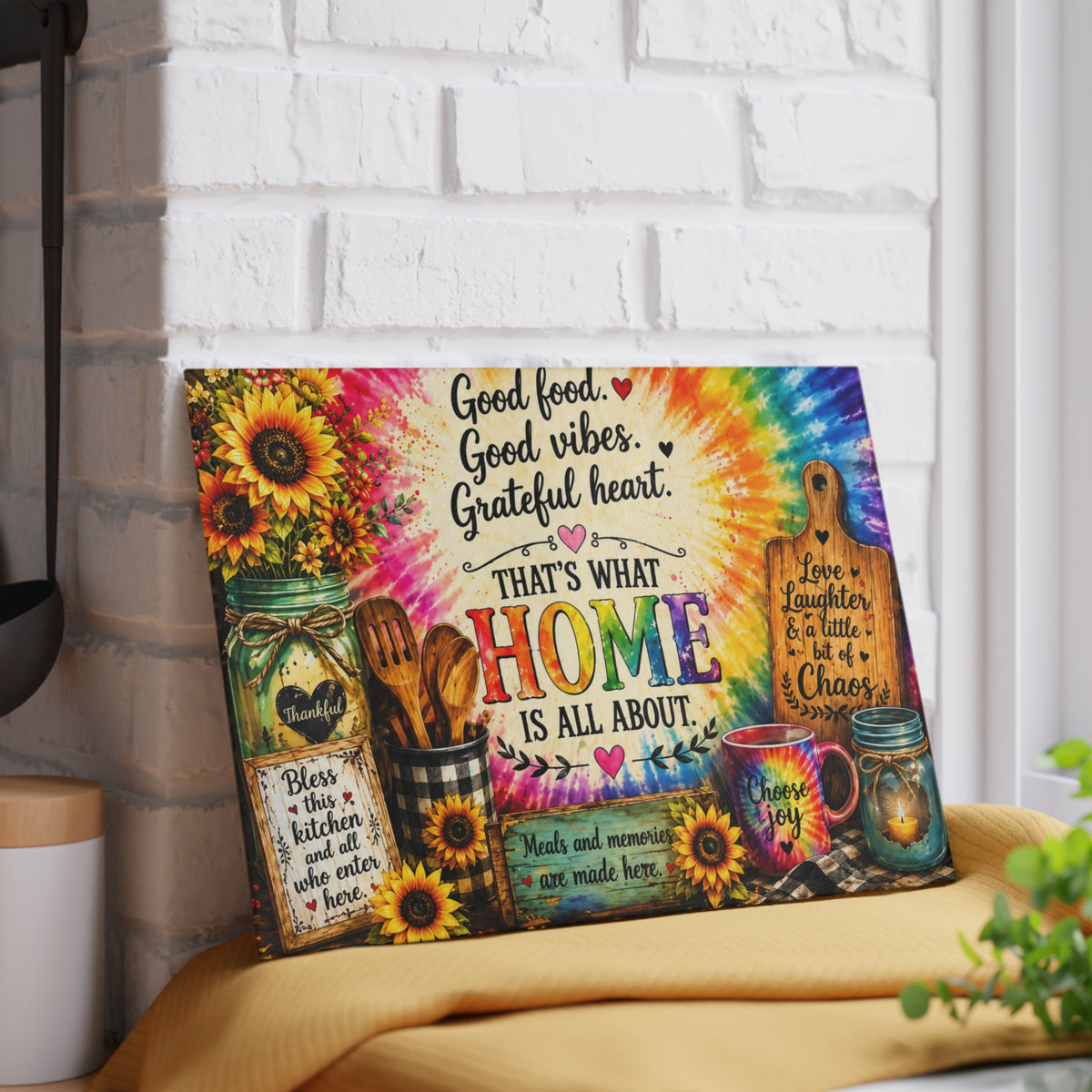Thats What Home Is All About Glass Cutting Board | Sunflower Tie-Dye Kitchen Decor