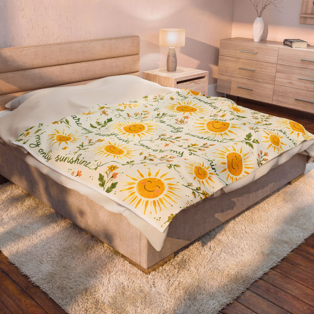 You Are My Sunshine Velveteen Plush Blanket | Smiling Sun Floral Pattern