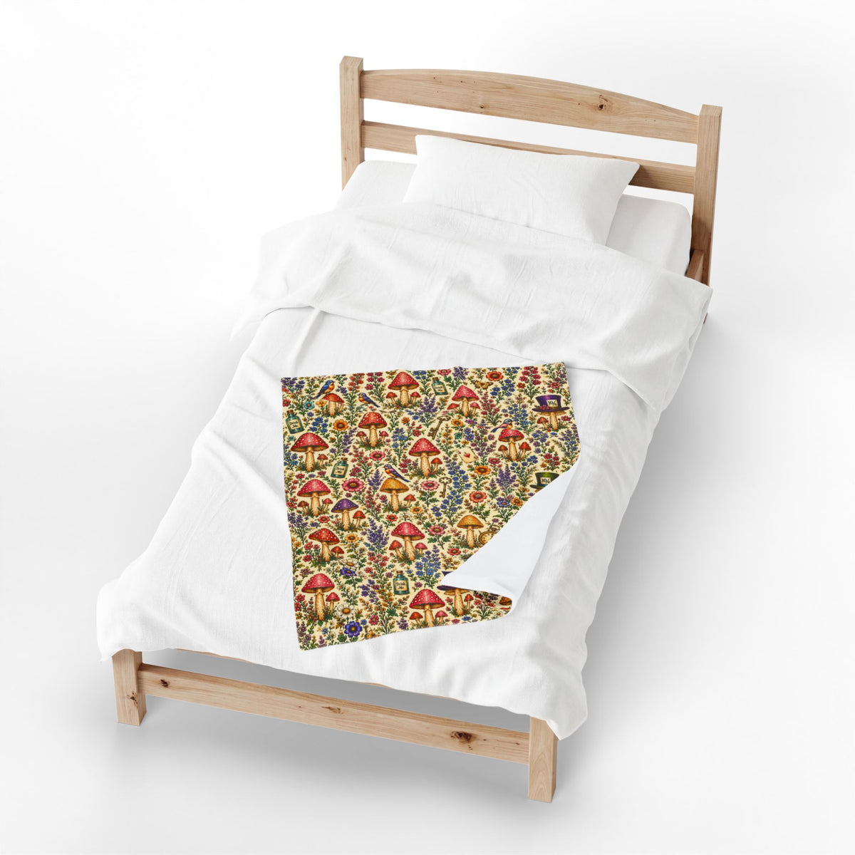 Whimsical Alice Mushroom Garden Velveteen Plush Blanket | Floral Fungi Pattern