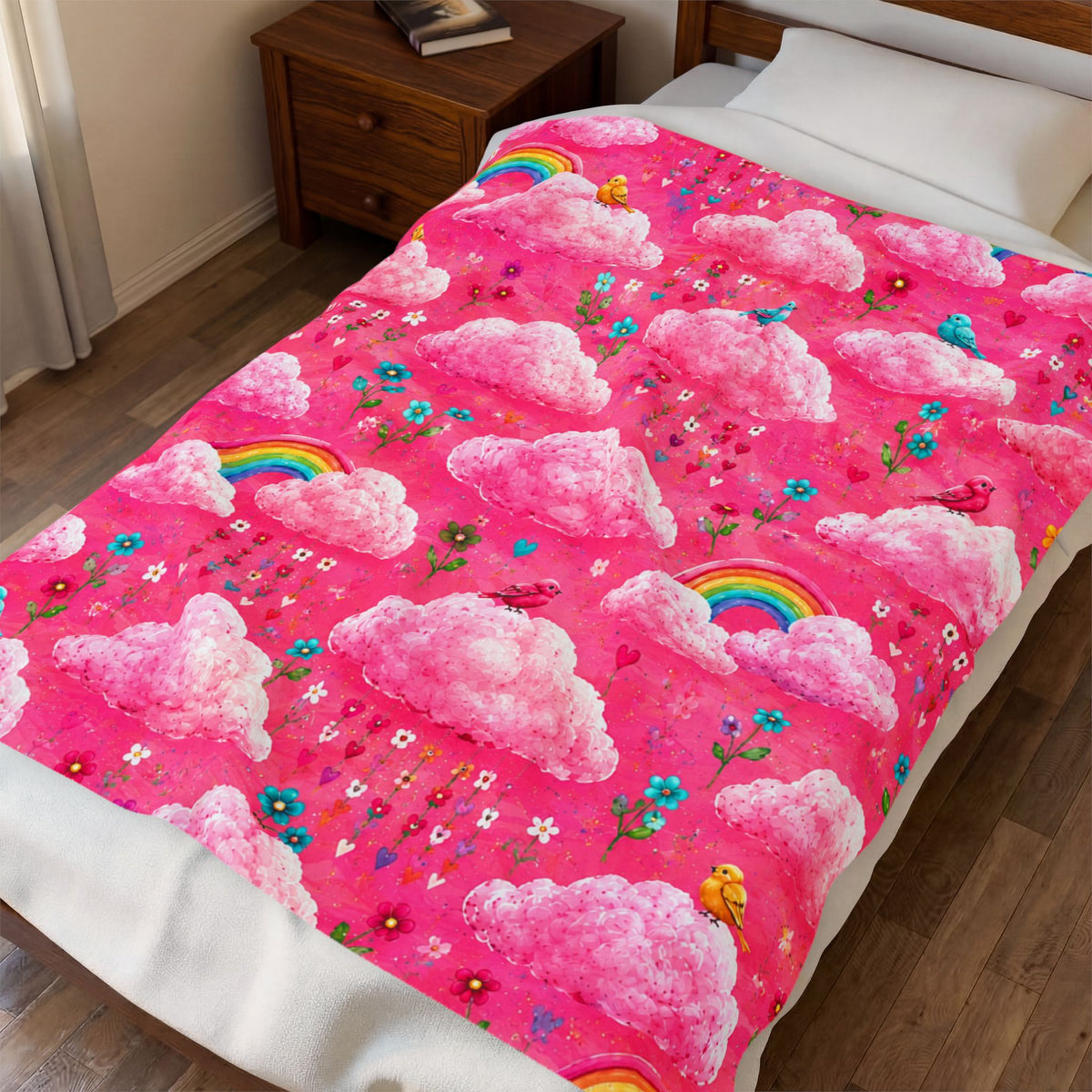 Pink Cloud Rainbow Pattern Blanket | Cute Birds Flowers Velveteen Plush