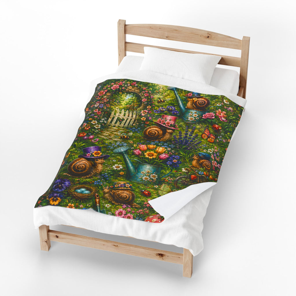 Spring Garden Snail Cottage pattern Blanket | whimsical floral, watering cans, bluebirds