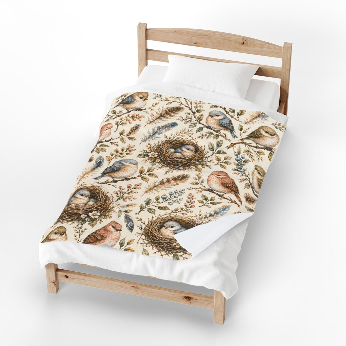 Little Nest Vintage Songbirds Nest Pattern Velveteen Plush Blanket | Woodland Bird Illustration