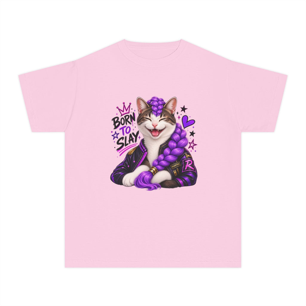Emorys Born to Slay Cat Youth Tee | Cute Kitten with Purple Braid, Stars & Hearts