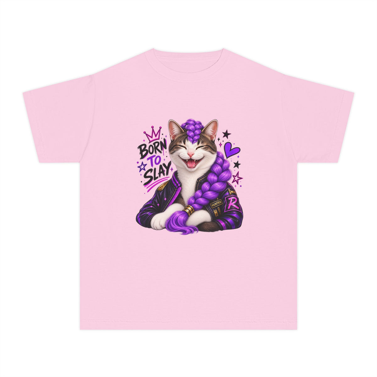 Emorys Born to Slay Cat Youth Tee | Cute Kitten with Purple Braid, Stars & Hearts