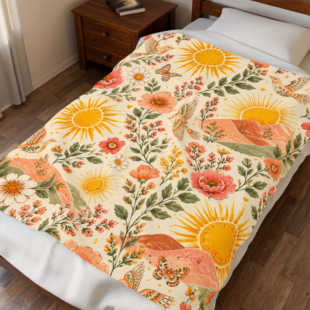 Sunshine Floral Meadow Velveteen Blanket | Retro Sunflowers & Butterflies