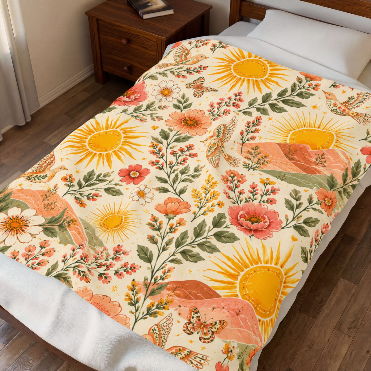 Sunshine Floral Meadow Velveteen Blanket | Retro Sunflowers & Butterflies