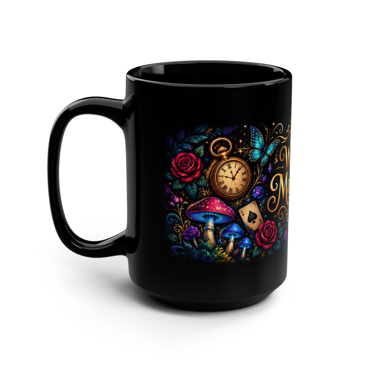 We Are  All Mad Here Mug | Alice Tea Party Black 15oz Ceramic
