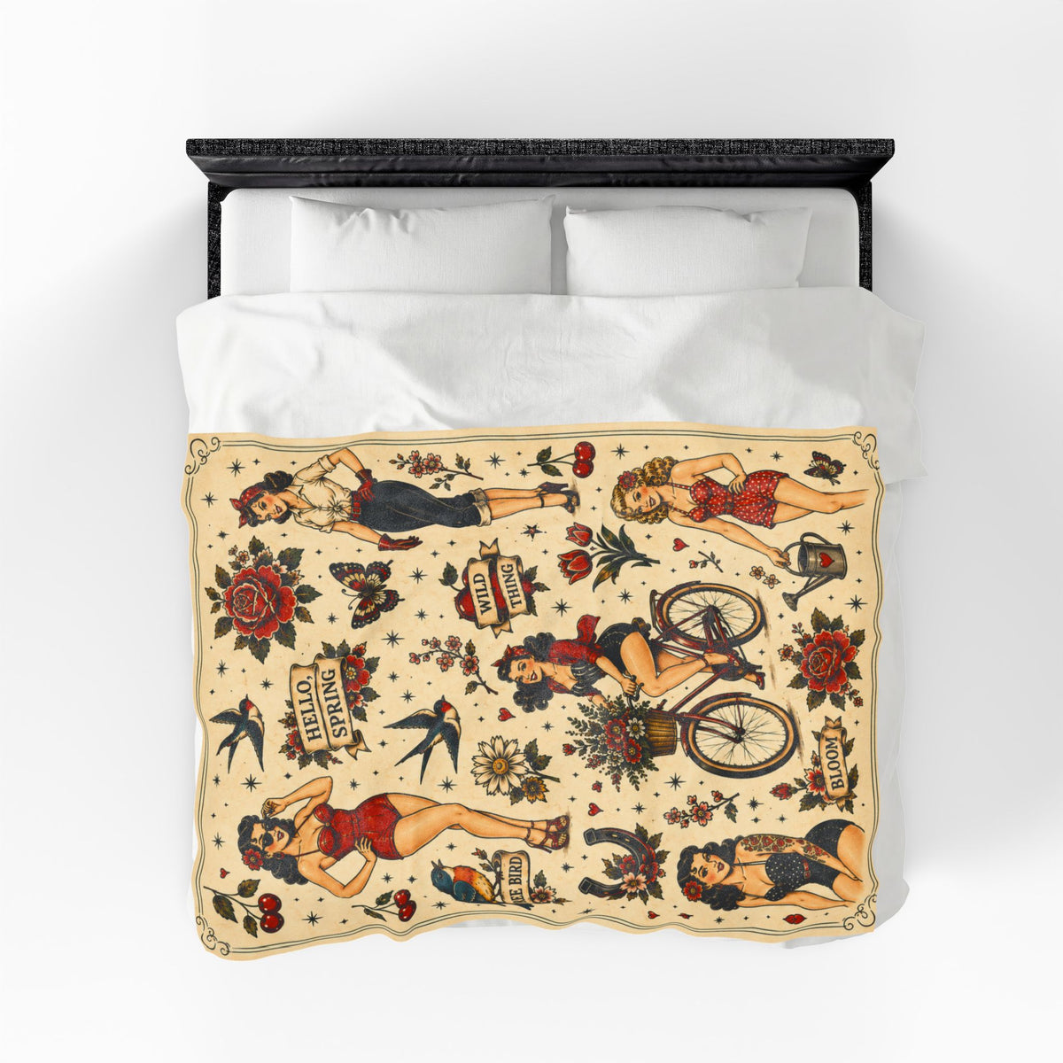 Vintage Pinup Girls Velveteen Plush Blanket | Tattoo Flash Floral Design