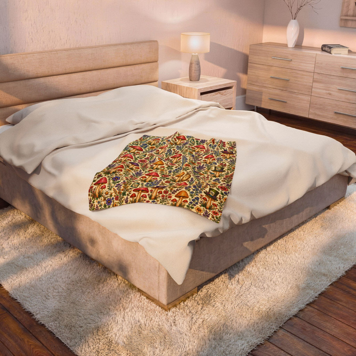 Whimsical Alice Mushroom Garden Velveteen Plush Blanket | Floral Fungi Pattern