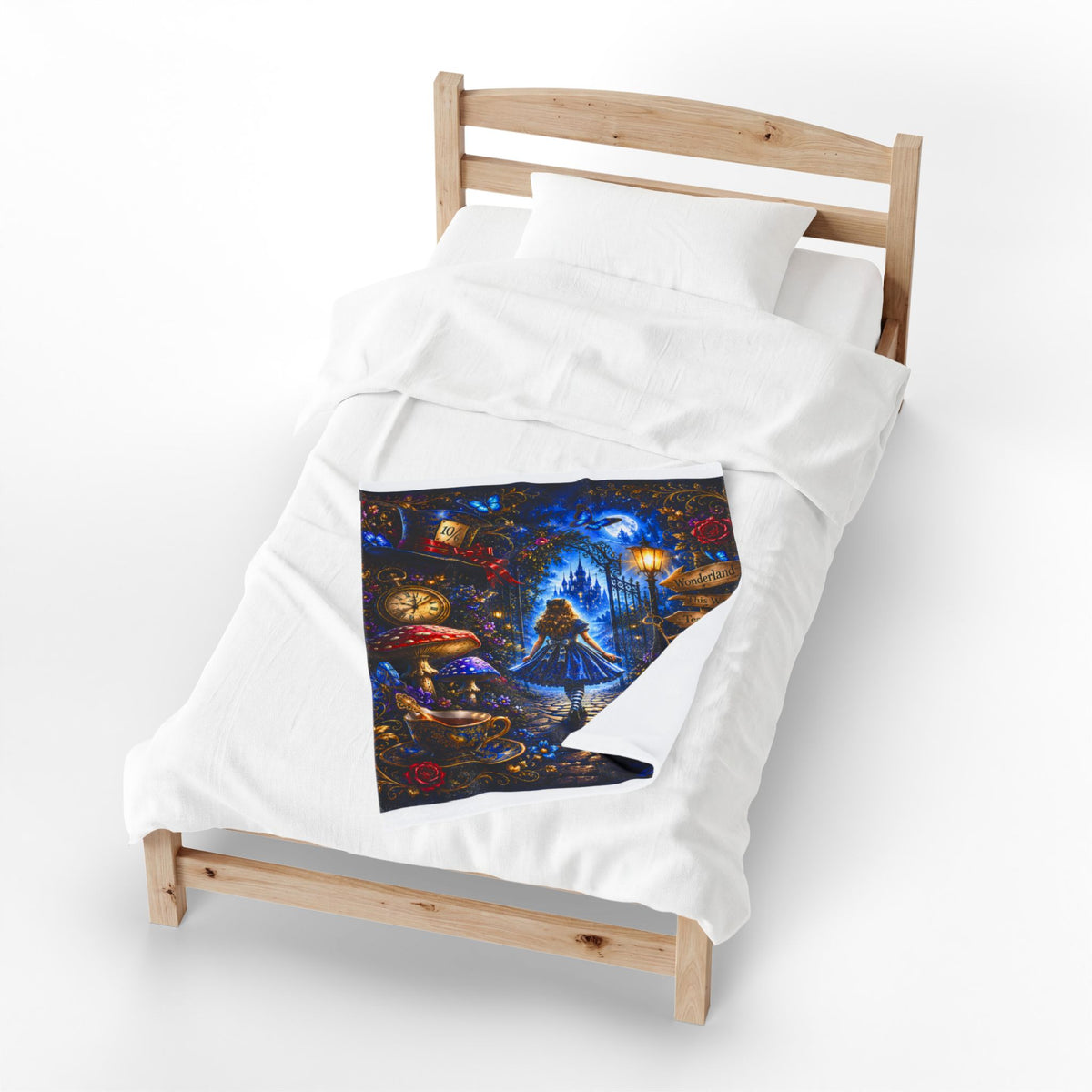 Alice in Wonderland Illustration Velveteen Plush Blanket | Fantasy Tea Party, Clockwork, Moonlit Path