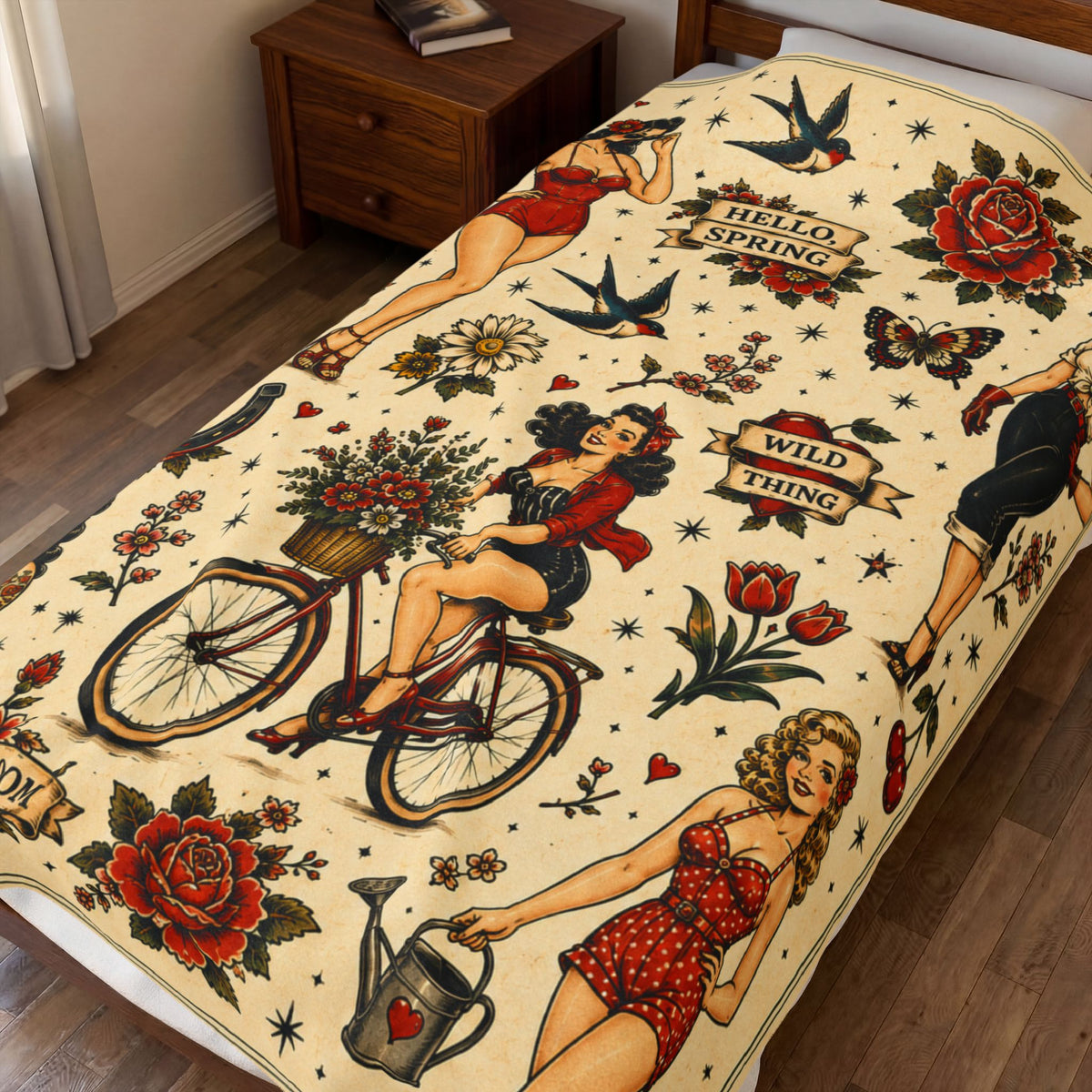Vintage Pinup Girls Velveteen Plush Blanket | Tattoo Flash Floral Design