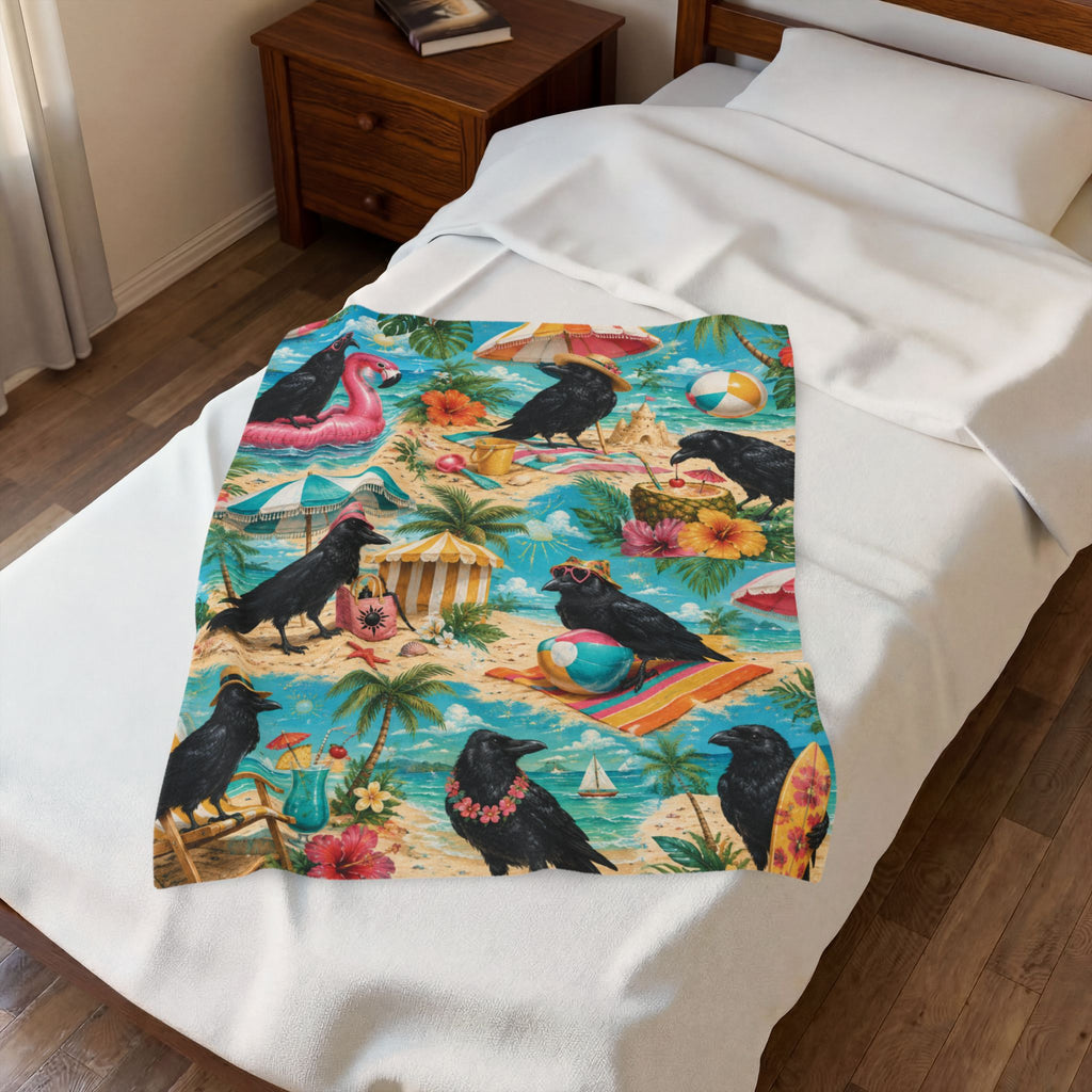 Beach Crows Pattern Velveteen Plush Blanket | Tropical Crow Beach Scene