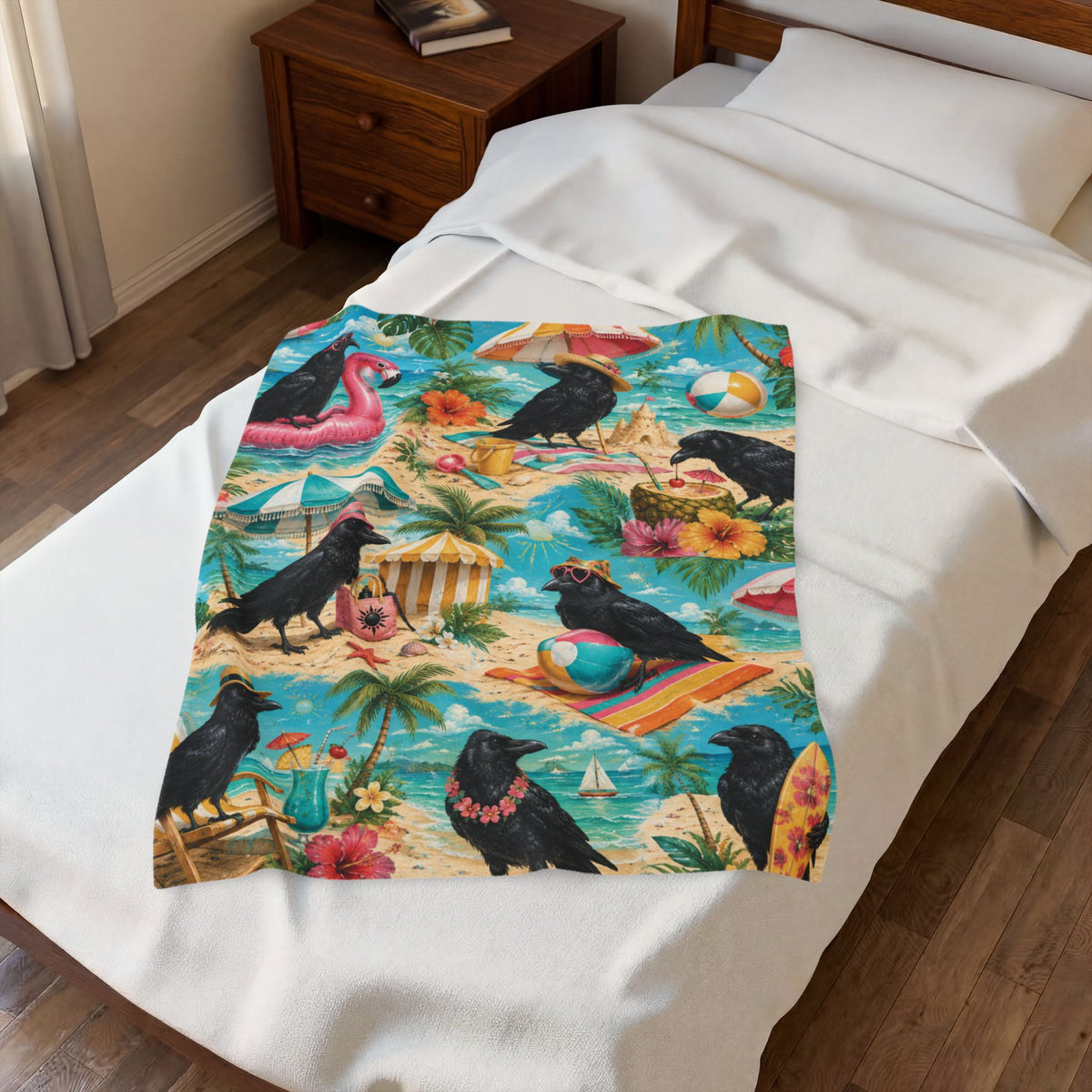 Beach Crows Pattern Velveteen Plush Blanket | Tropical Crow Beach Scene