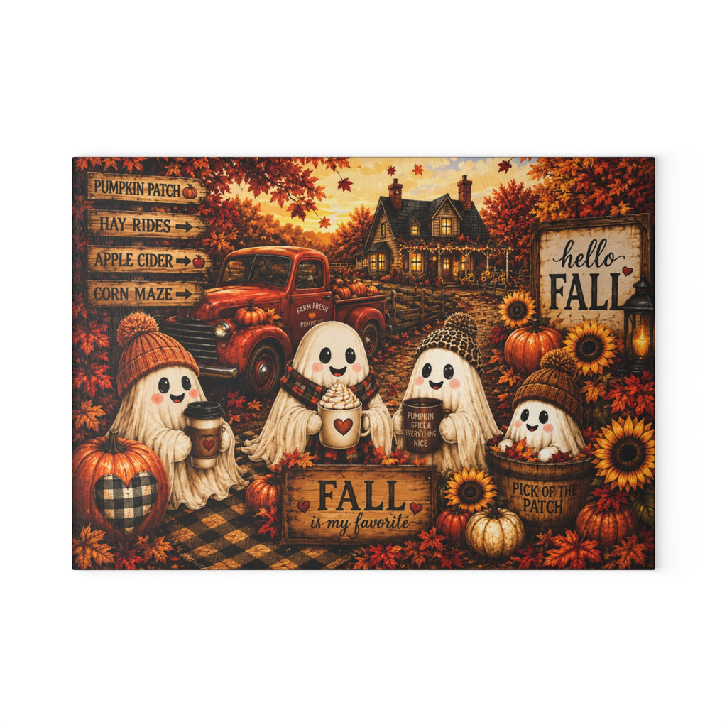 Cute Ghosts Fall Scene Glass Cutting Board | Hello Fall Pumpkin Harvest