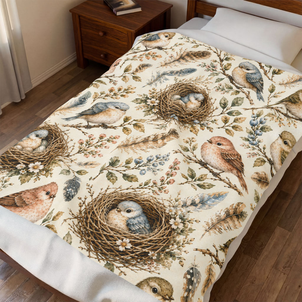 Little Nest Vintage Songbirds Nest Pattern Velveteen Plush Blanket | Woodland Bird Illustration