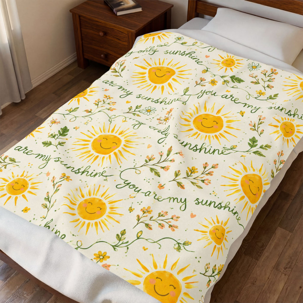 You Are My Sunshine Velveteen Plush Blanket | Smiling Sun Floral Pattern
