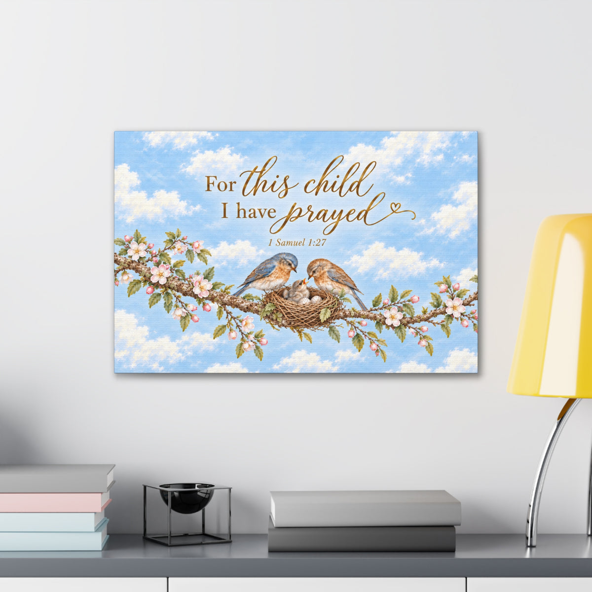 Little Nest For This Child I Have Prayed Canvas Stretched Wall Art | Bluebird Nursery Decor