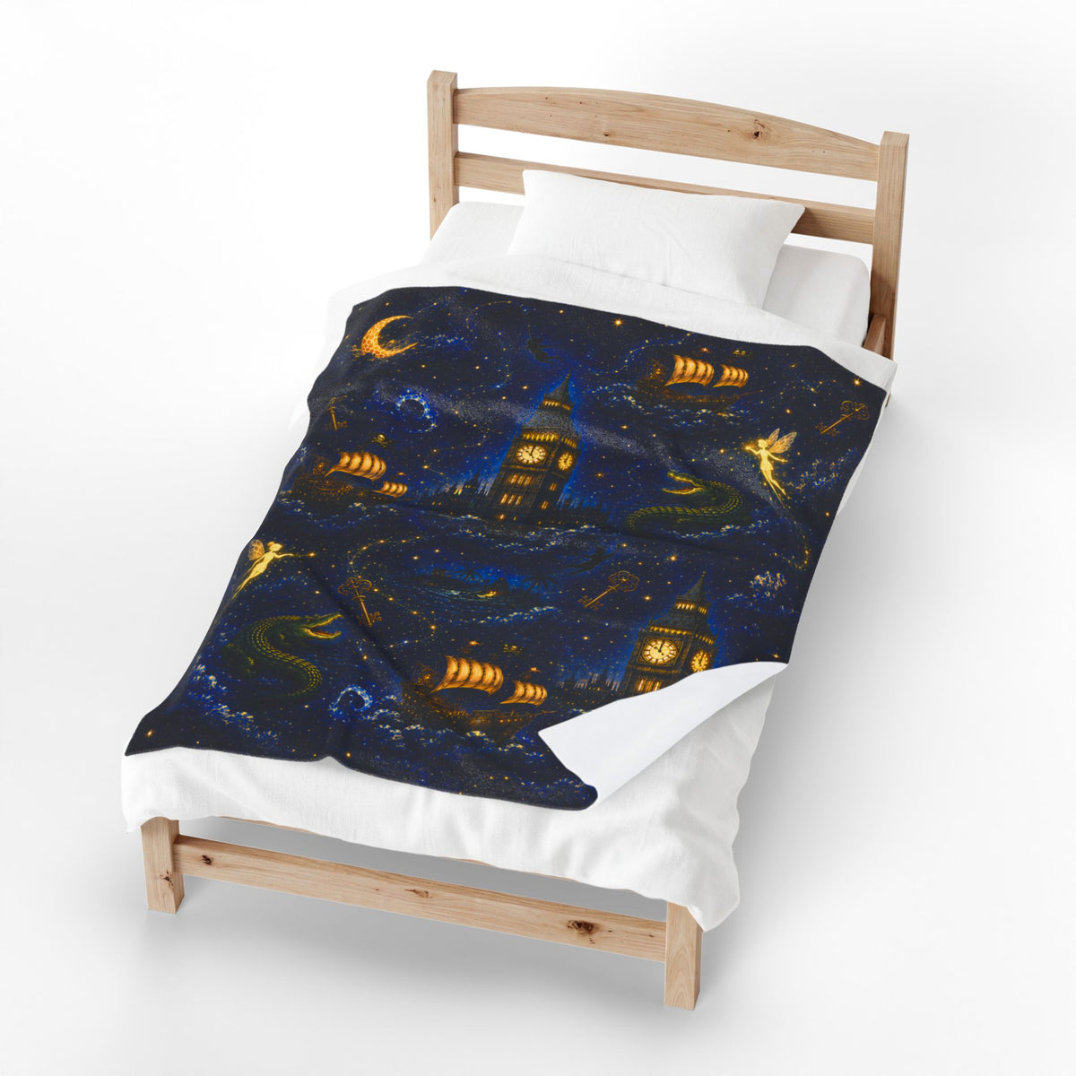 Peter Pan Inspired Vintage Night Sky Pirate Ship Blanket | Big Ben, Crescent Moon, Stars