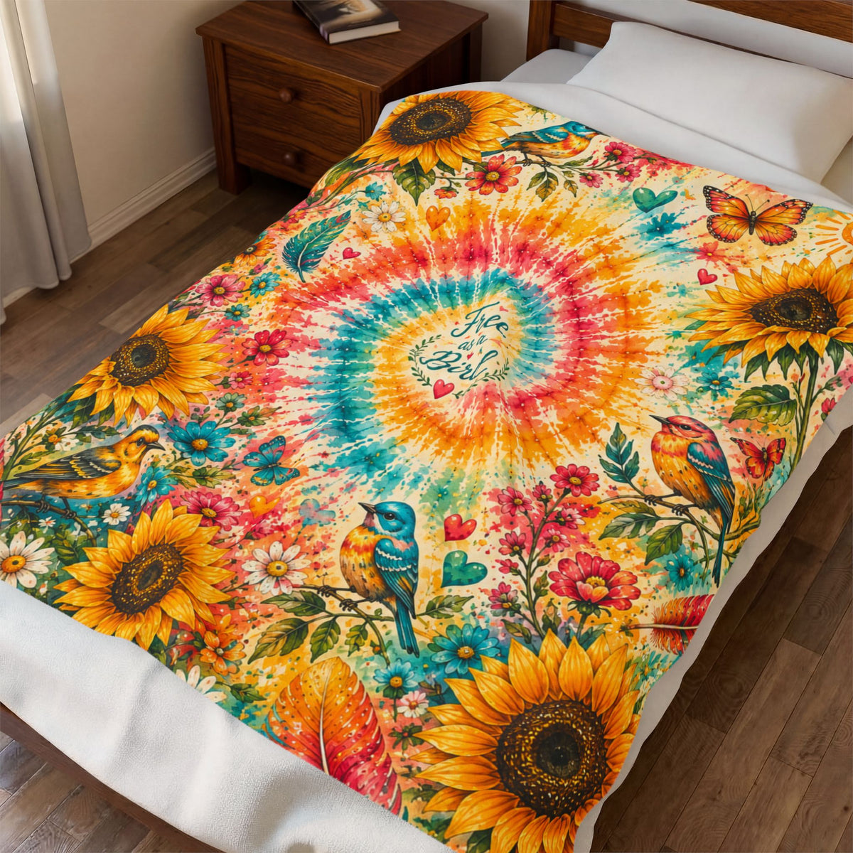 Tie-Dye Sunflower Free Bird Velveteen Blanket | Boho Birds & Butterflies