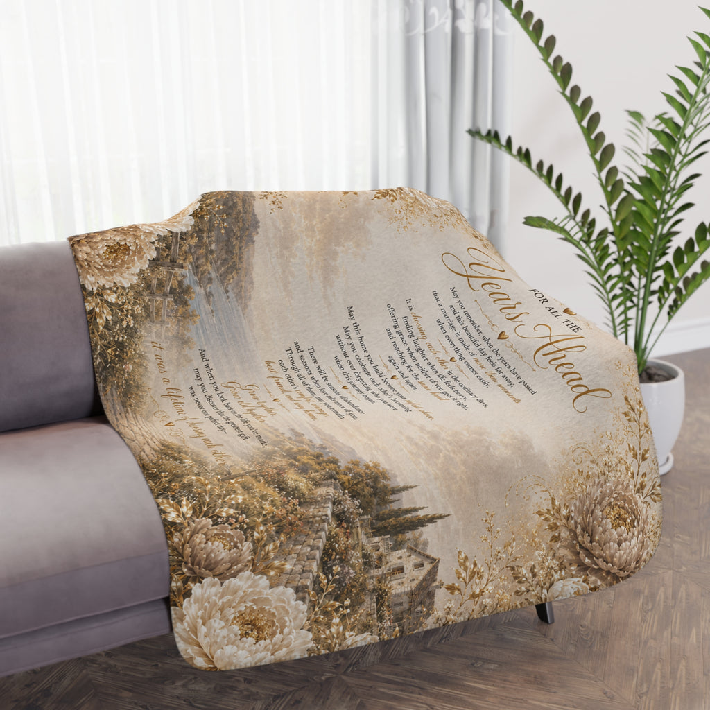 Wedding Gift For All The Years Ahead Poem Tan Sherpa Blanket | Cozy Lakehouse Landscape Throw