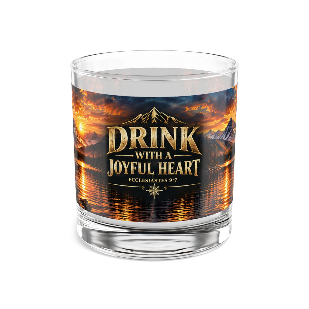 Drink With A Joyful Heart rocks glass | 10oz whiskey tumbler, mountain sunset lake design