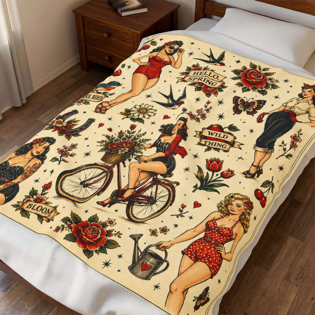 Vintage Pinup Girls Velveteen Plush Blanket | Tattoo Flash Floral Design