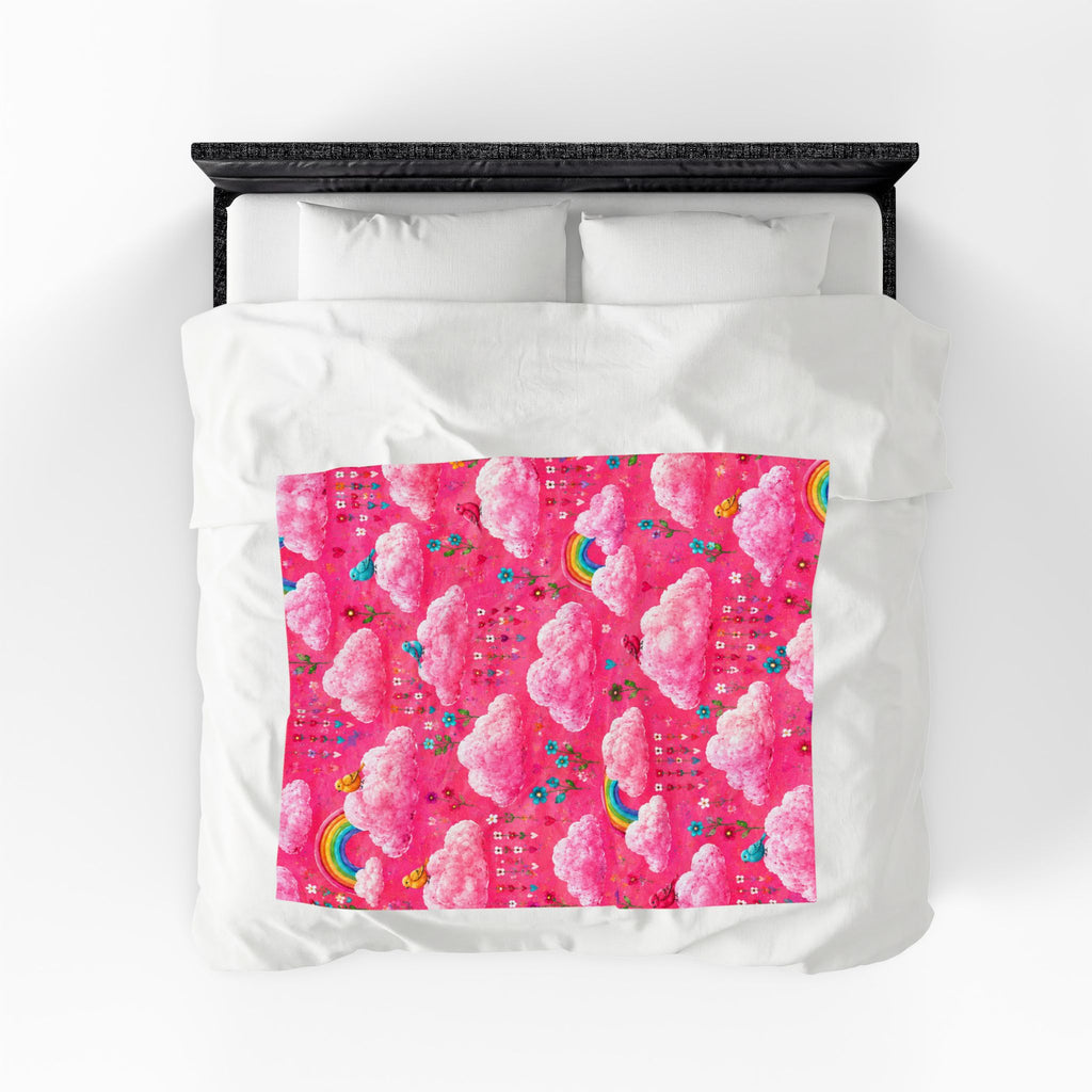 Pink Cloud Rainbow Pattern Blanket | Cute Birds Flowers Velveteen Plush
