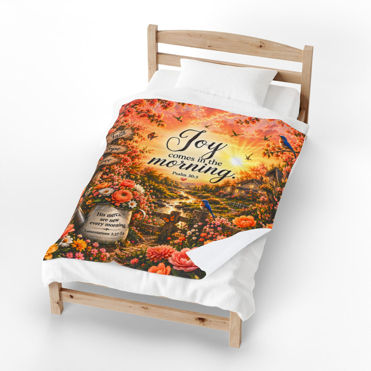Joy Comes in the Morning Velveteen Plush Blanket | Psalm 30:5 Floral Cottage Scene