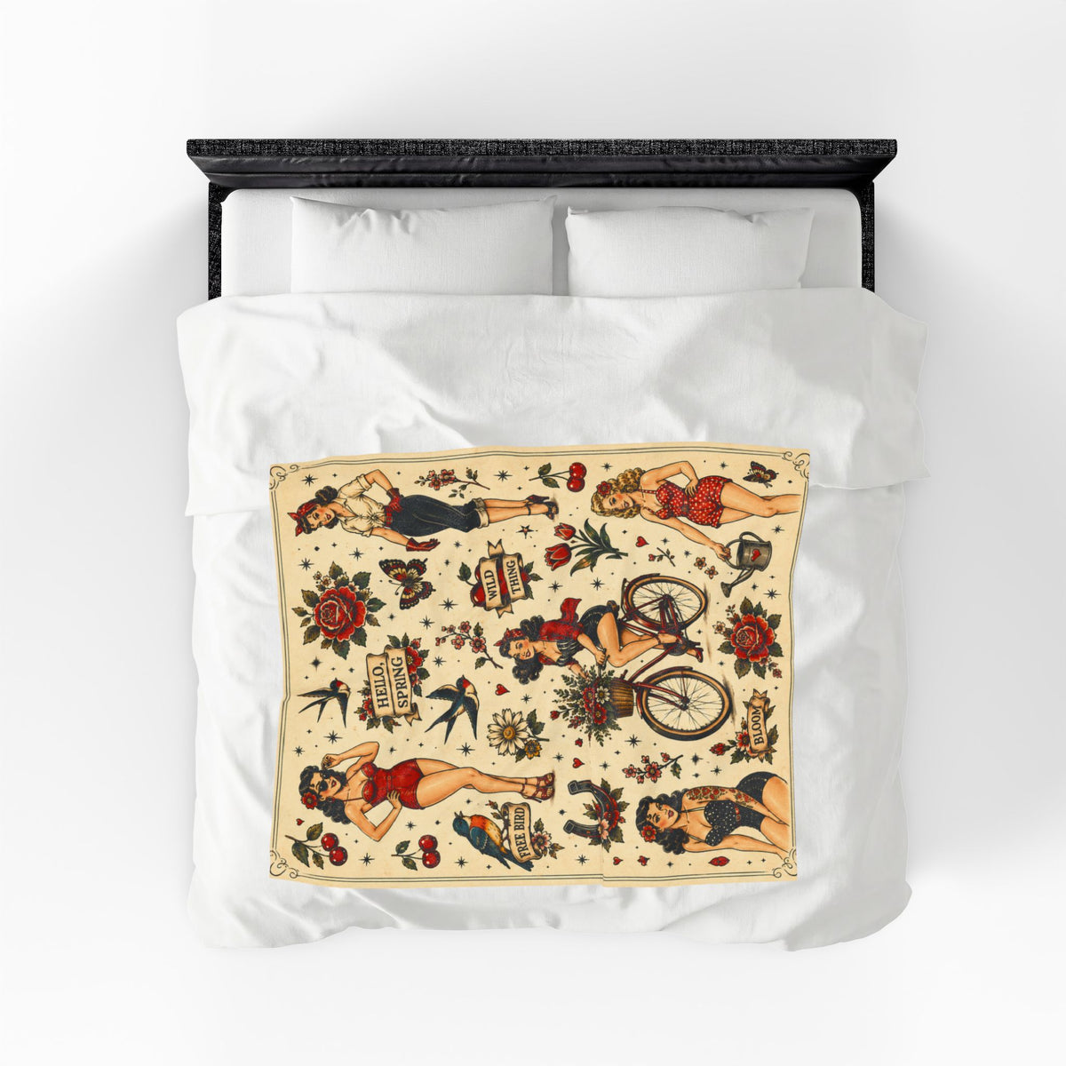 Vintage Pinup Girls Velveteen Plush Blanket | Tattoo Flash Floral Design