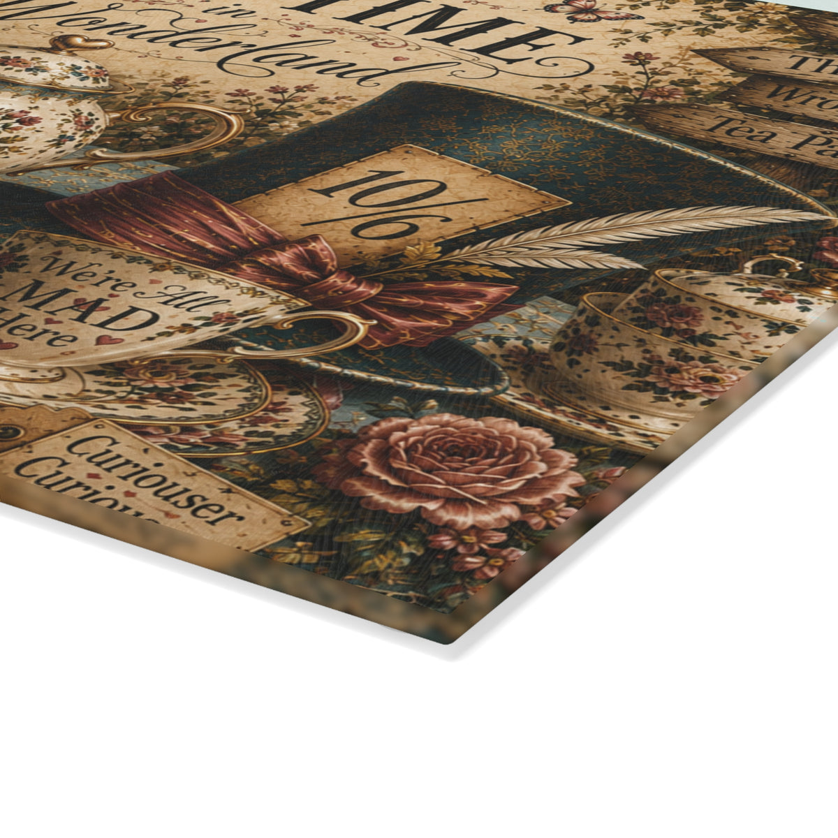 Tea Time in Wonderland Glass Cutting Board | Alice in Wonderland tea party design
