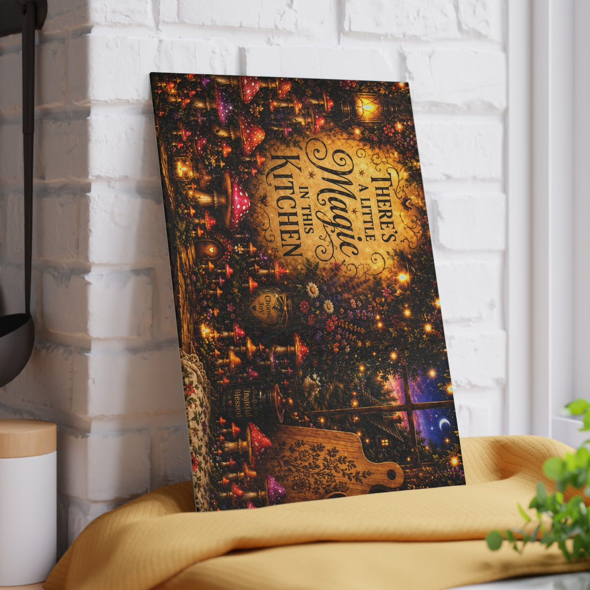 Theres a Little Magic in This Kitchen Glass Cutting Board | Fairy Mushroom Night Scene