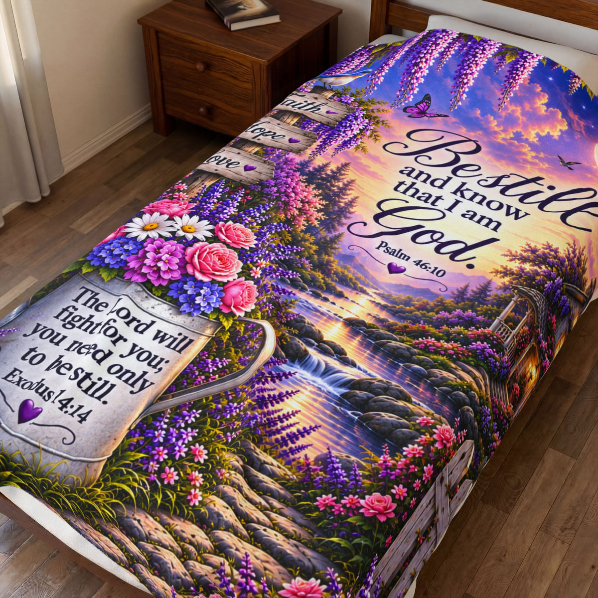 Be Still and Know I Am God blanket | Floral Cottage Scripture Velveteen Plush