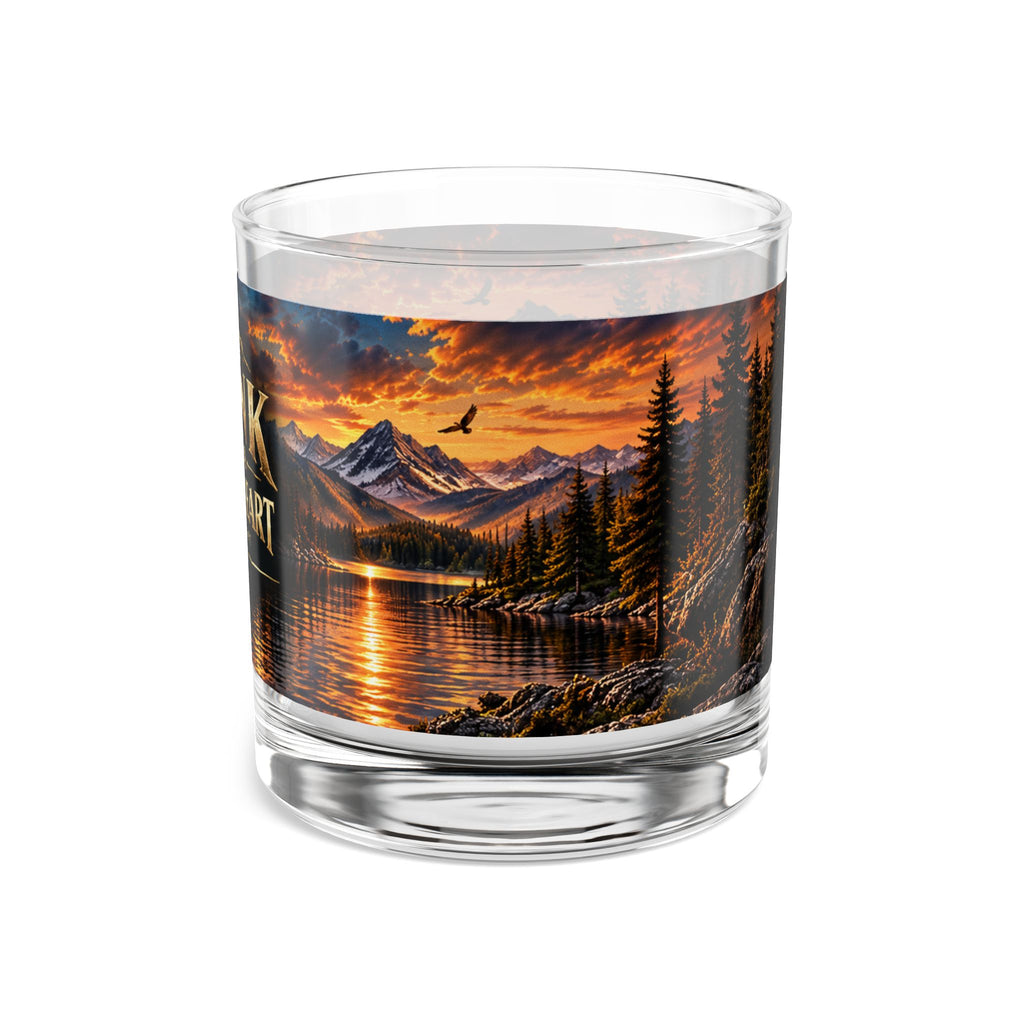 Drink With A Joyful Heart rocks glass | 10oz whiskey tumbler, mountain sunset lake design