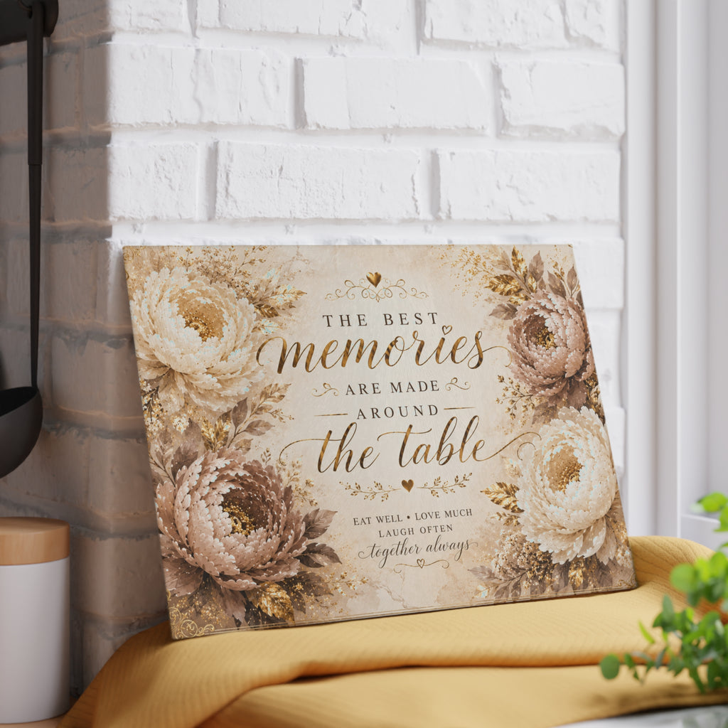 Memories Are Made Around The Table Glass Cutting Board | Floral Kitchen Decor