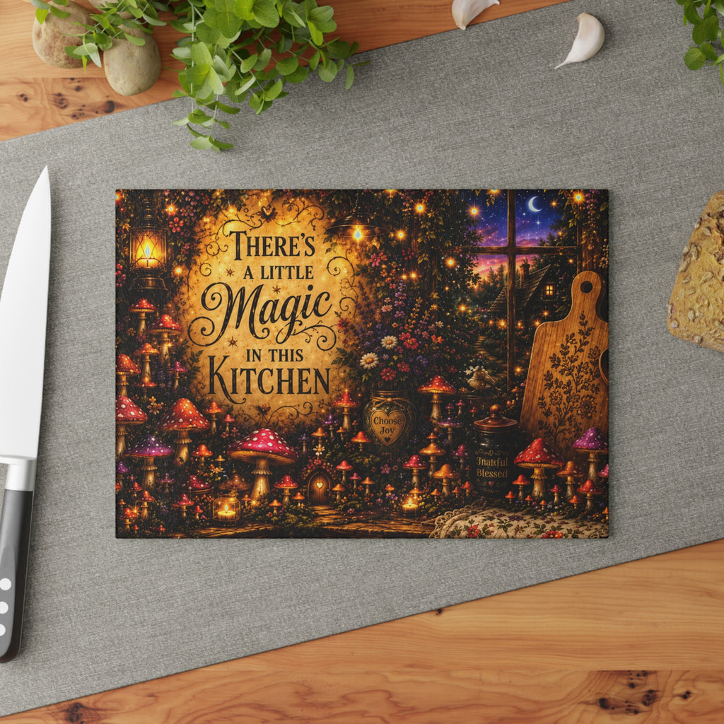 Theres a Little Magic in This Kitchen Glass Cutting Board | Fairy Mushroom Night Scene