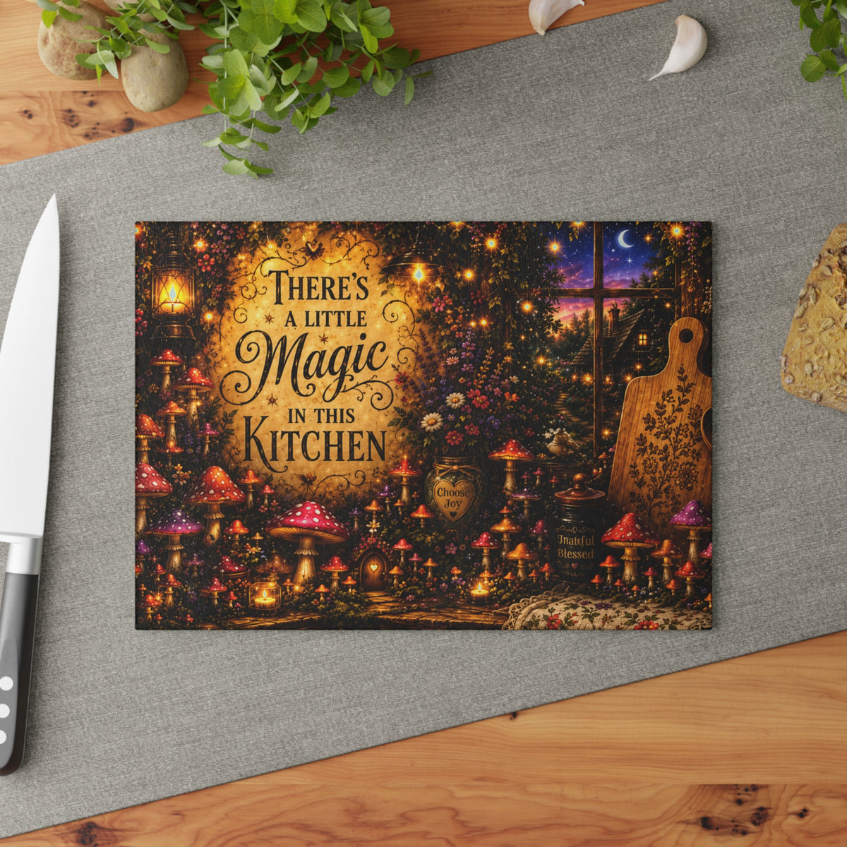 Theres a Little Magic in This Kitchen Glass Cutting Board | Fairy Mushroom Night Scene