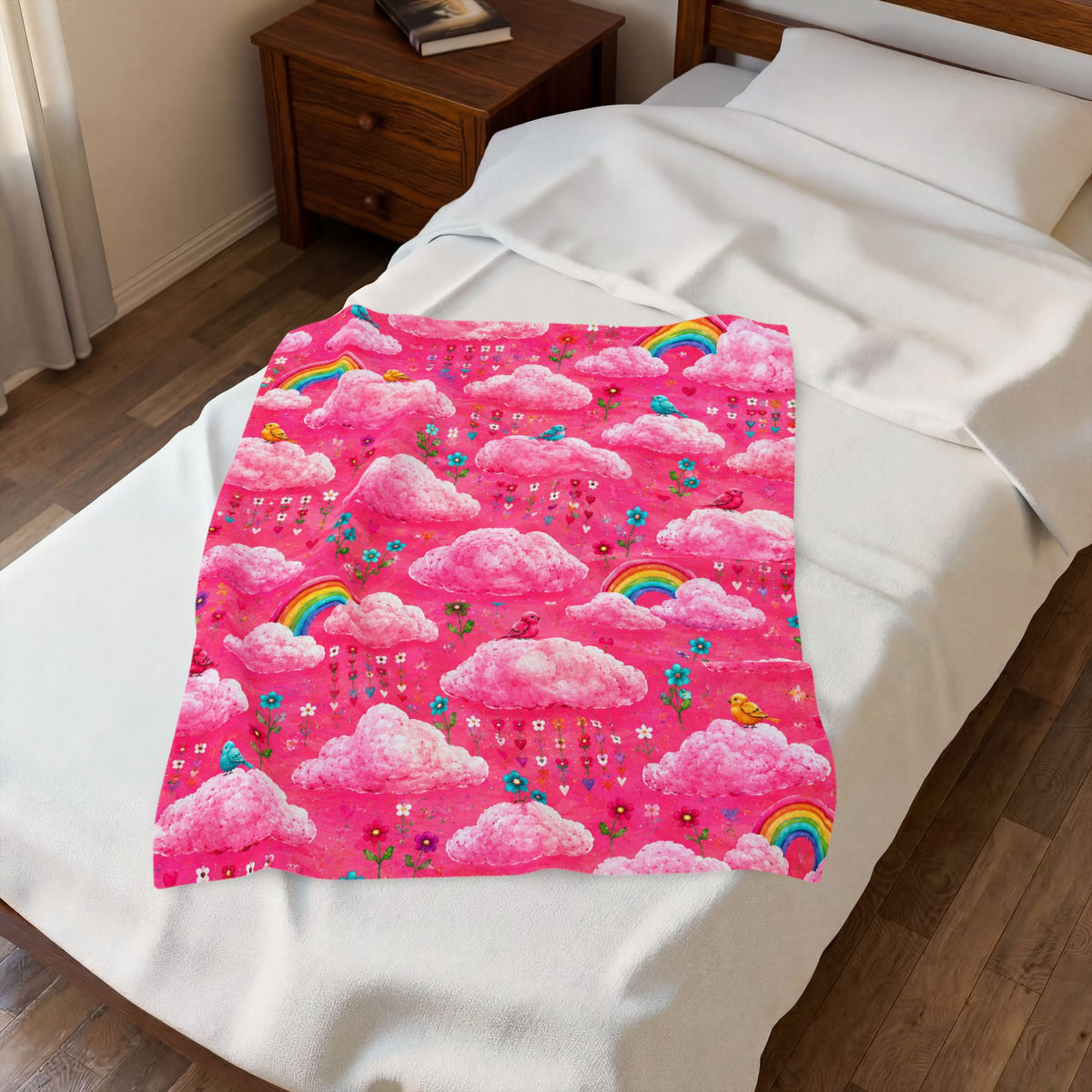 Pink Cloud Rainbow Pattern Blanket | Cute Birds Flowers Velveteen Plush