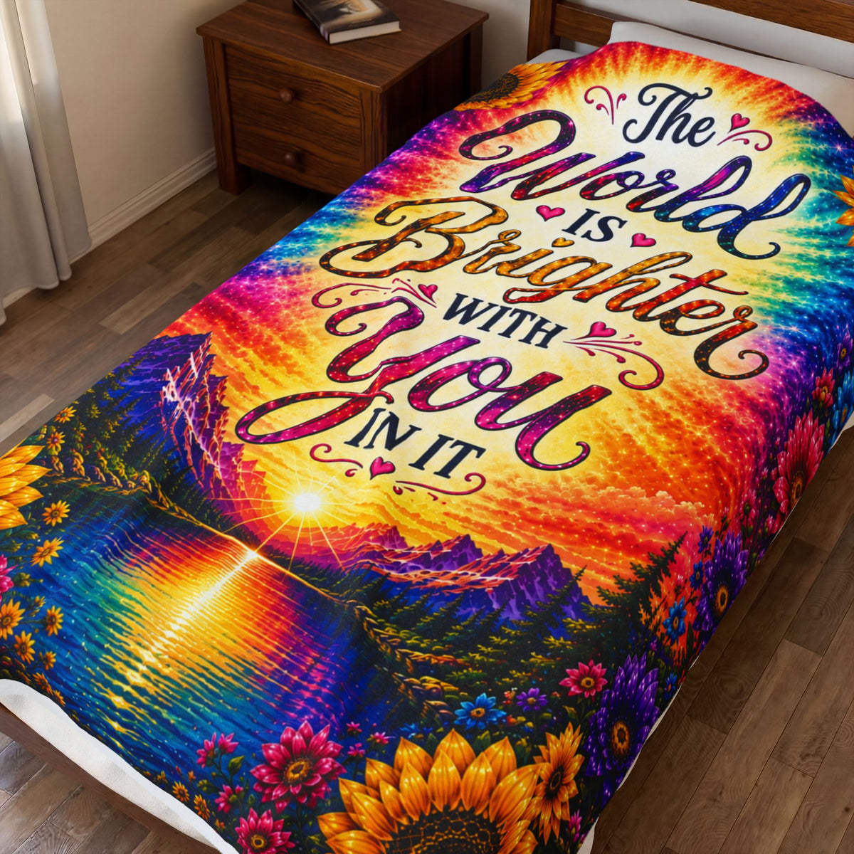 The World Is Brighter With You In It Velveteen Plush Blanket | Rainbow Sunflower Inspirational Throw