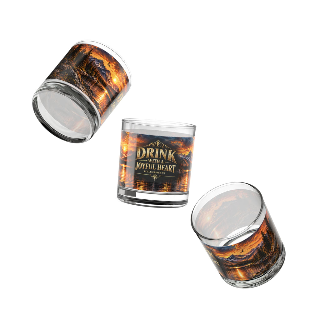 Drink With A Joyful Heart rocks glass | 10oz whiskey tumbler, mountain sunset lake design