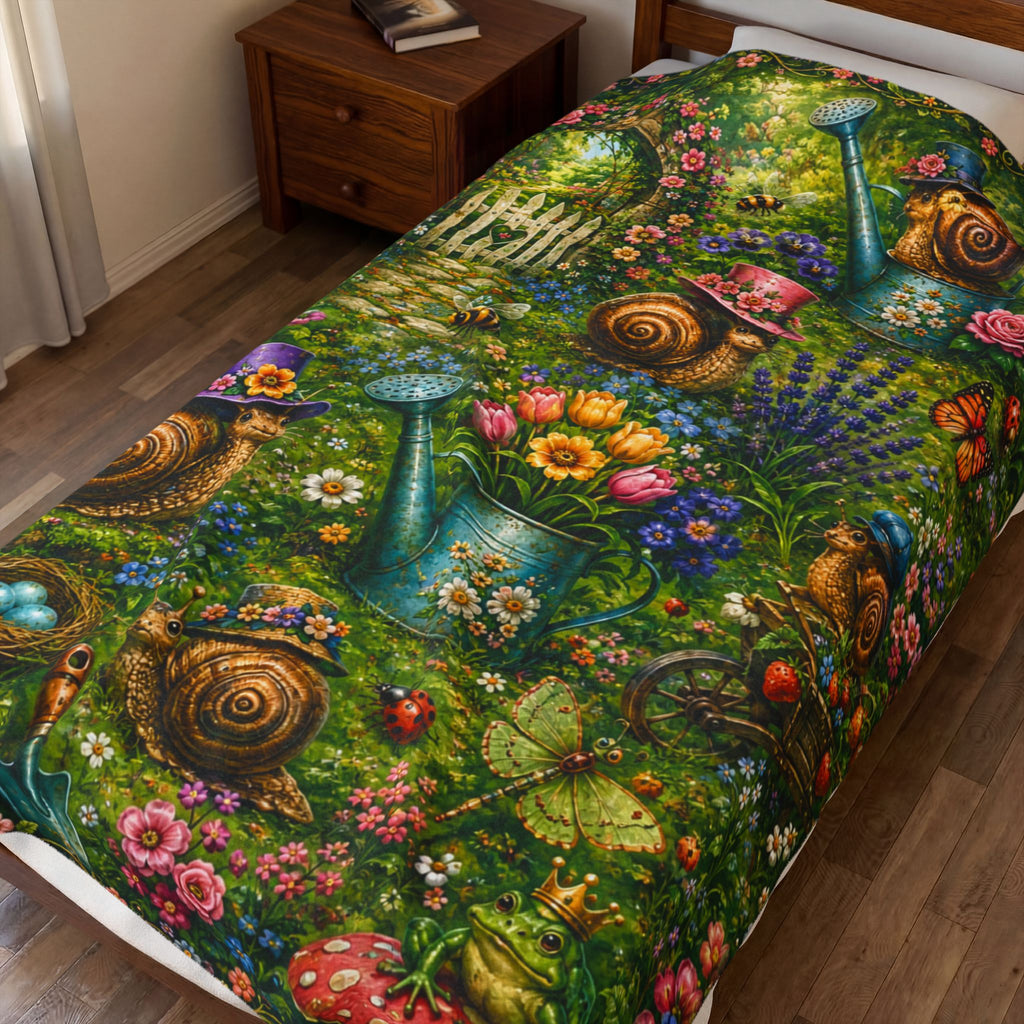 Spring Garden Snail Cottage pattern Blanket | whimsical floral, watering cans, bluebirds