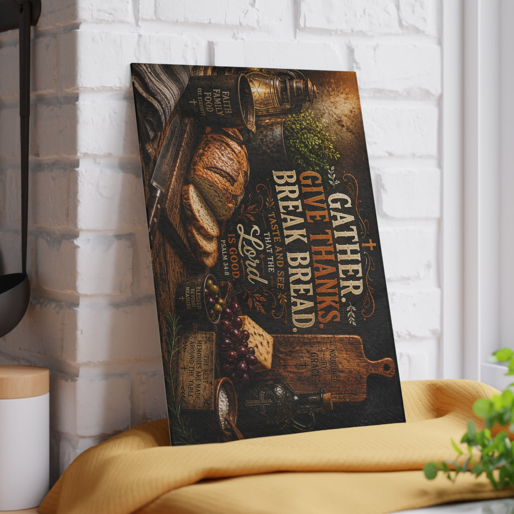 Gather Give Thanks Break Bread Glass Cutting Board | Rustic Farmhouse Kitchen Decor