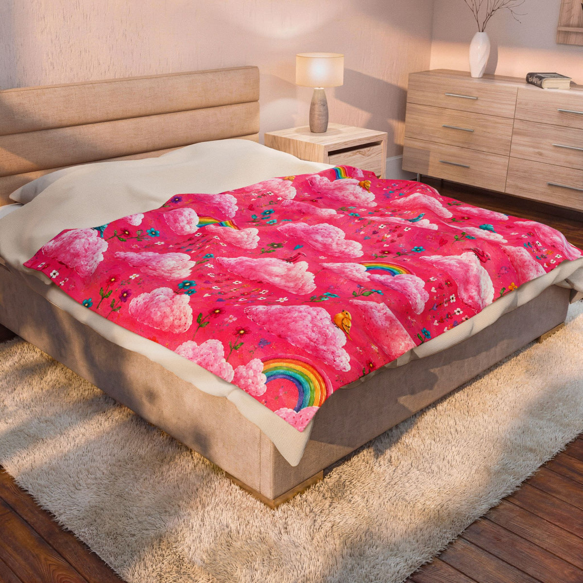 Pink Cloud Rainbow Pattern Blanket | Cute Birds Flowers Velveteen Plush