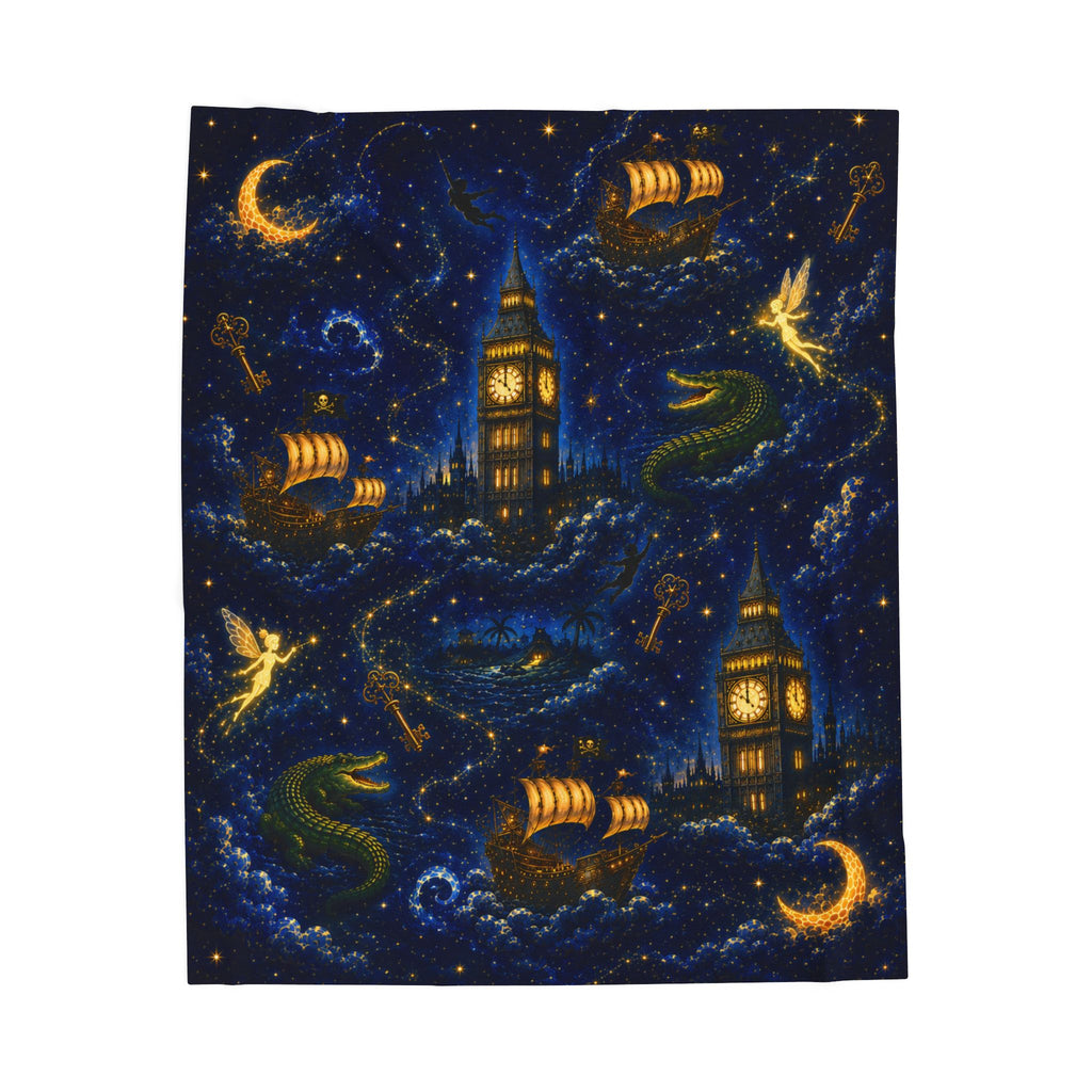 Peter Pan Inspired Vintage Night Sky Pirate Ship Blanket | Big Ben, Crescent Moon, Stars