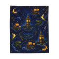 Peter Pan Inspired Vintage Night Sky Pirate Ship Blanket | Big Ben, Crescent Moon, Stars