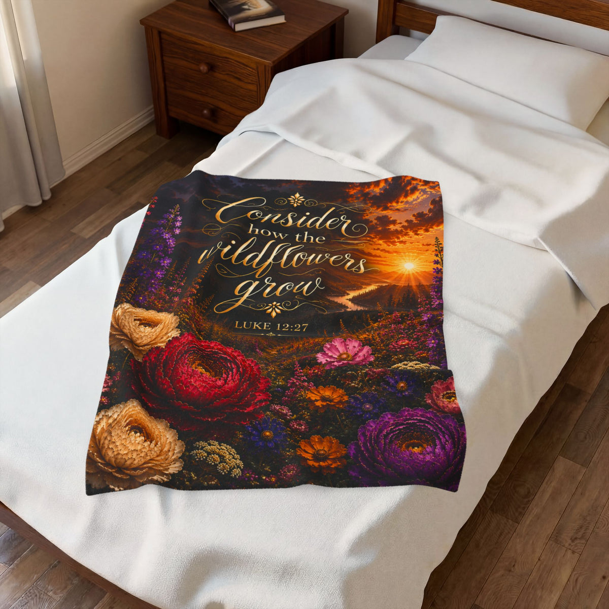Consider How the Wildflowers Grow Velveteen Plush Blanket | Luke 12:27 floral sunrise