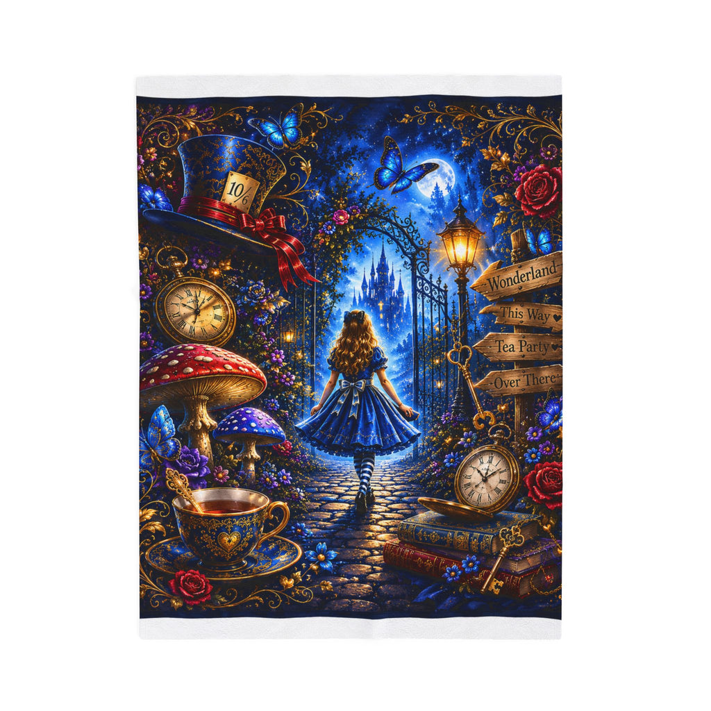 Alice in Wonderland Illustration Velveteen Plush Blanket | Fantasy Tea Party, Clockwork, Moonlit Path