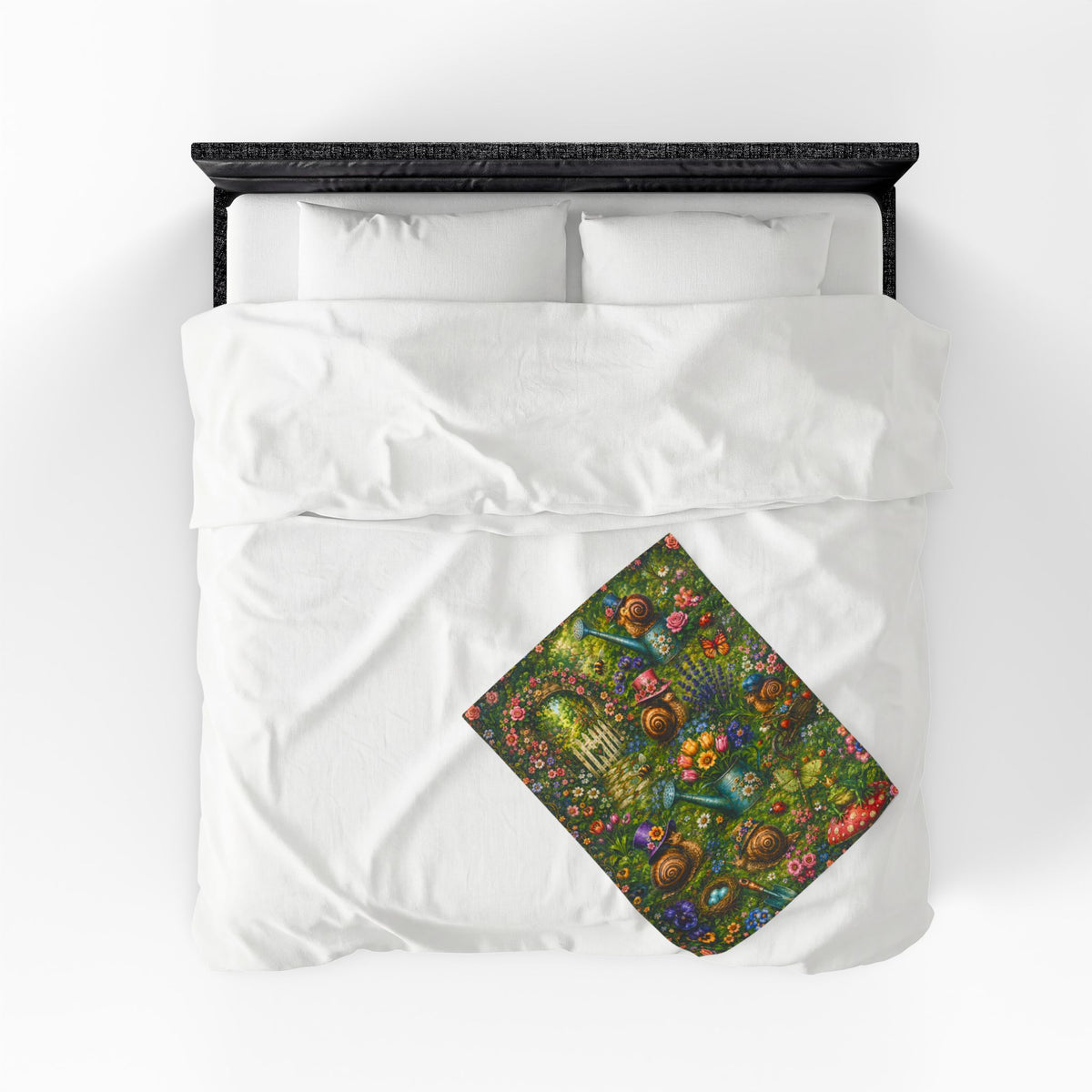 Spring Garden Snail Cottage pattern Blanket | whimsical floral, watering cans, bluebirds