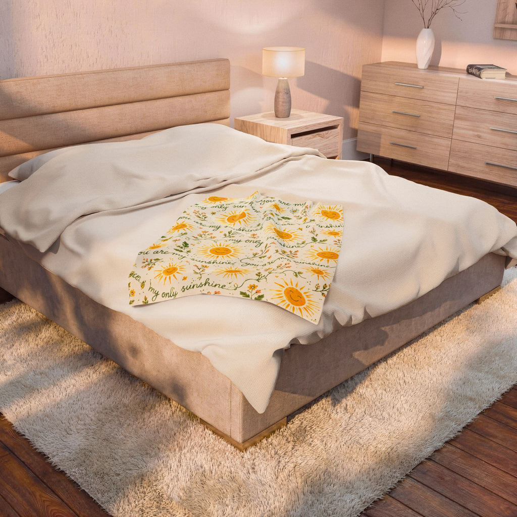 You Are My Sunshine Velveteen Plush Blanket | Smiling Sun Floral Pattern