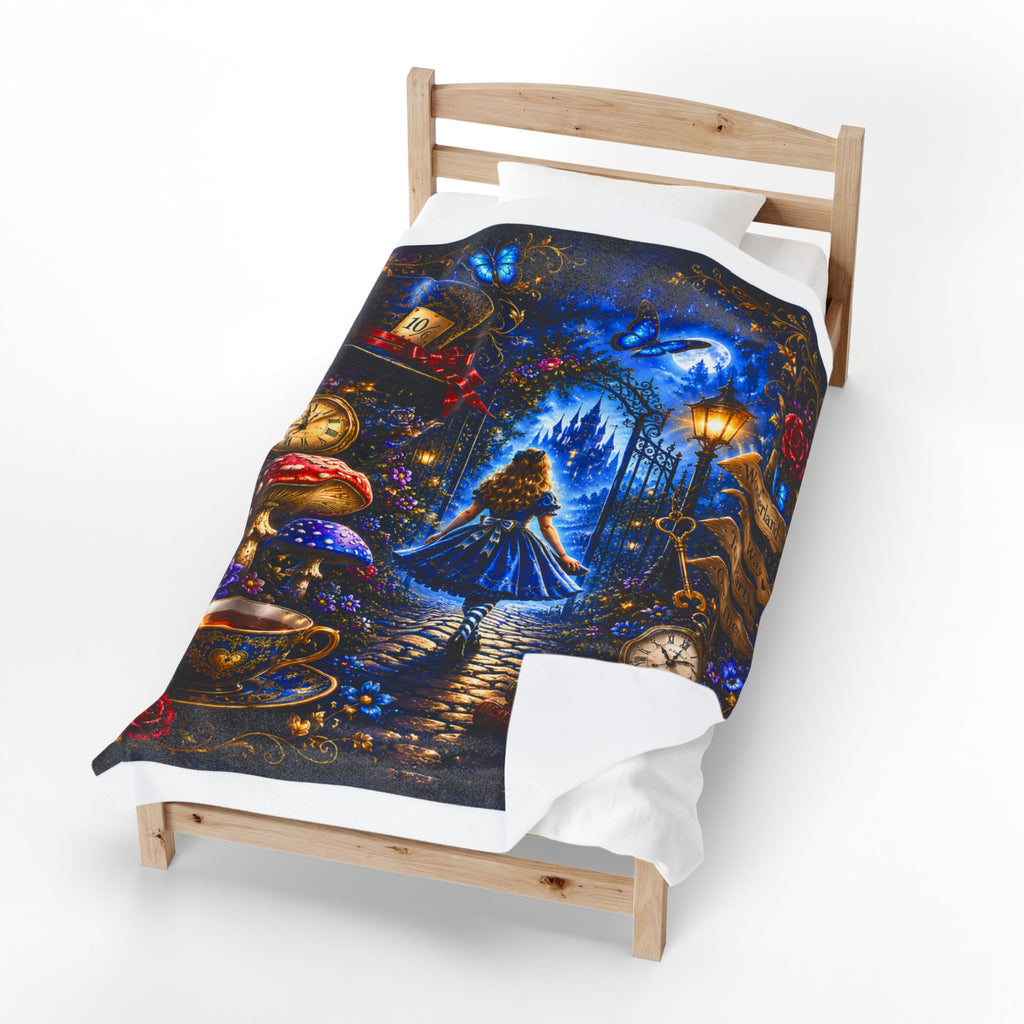 Alice in Wonderland Illustration Velveteen Plush Blanket | Fantasy Tea Party, Clockwork, Moonlit Path